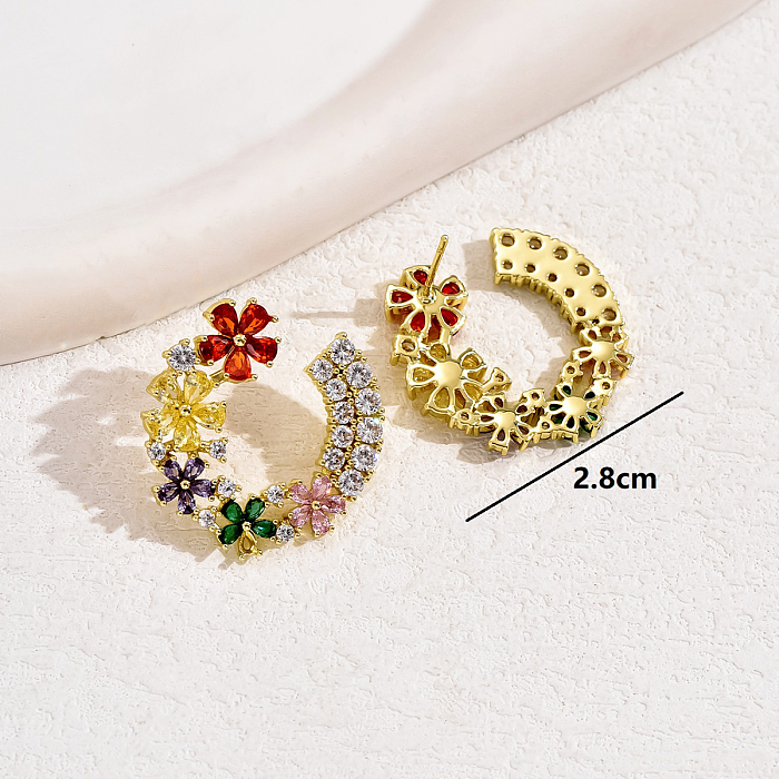 1 Pair Elegant Glam Shiny C Shape Flower Plating Inlay Copper Copper Alloy Zircon 18K Gold Plated Ear Studs