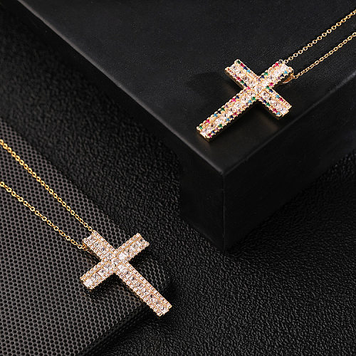 IG Style Shiny Cross Copper Plating Inlay Zircon Pendant Necklace