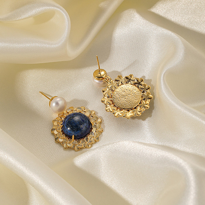 1 paire de clous d'oreilles plaqués or 18 carats, Style Vintage, incrustation de fleurs en cuivre Lapis Lazuli