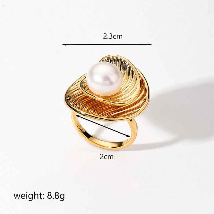 IG Style Solid Color Copper Shiny Metallic Plating Inlay Freshwater Pearl 18K Gold Plated Open Rings