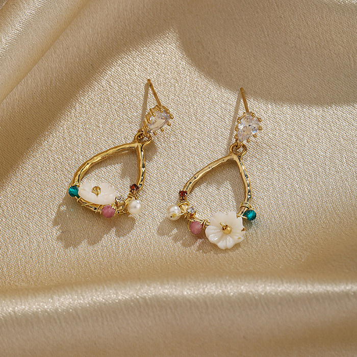1 paire de boucles d'oreilles en forme de gouttelettes d'eau de Style français, incrustation de perles en cuivre et Zircon plaqué or 18 carats