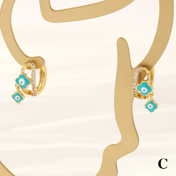 1 Paar schlichte Streetwear-Ohrringe mit Pentagramm, vierblättriges Kleeblatt, Emaille-Beschichtung, Inlay aus Kupfer, Zirkon, 18 Karat vergoldet