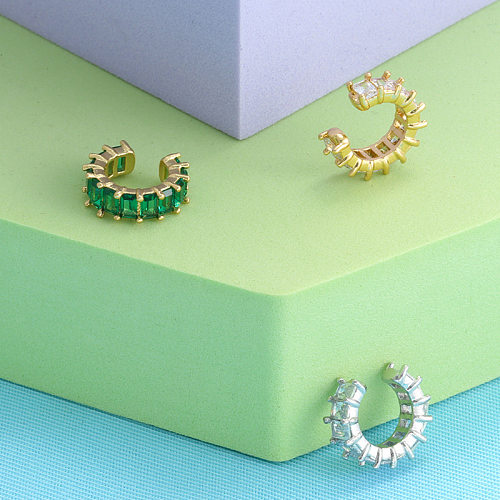Clip de oreja de circón con microincrustaciones, accesorios cuadrados de aretes de circón verde blanco y diamante completo