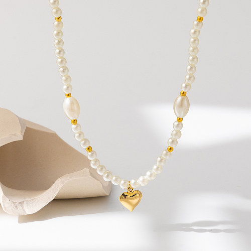 Bonito doce estilo simples formato de coração imitação pérola cobre colar com contas
