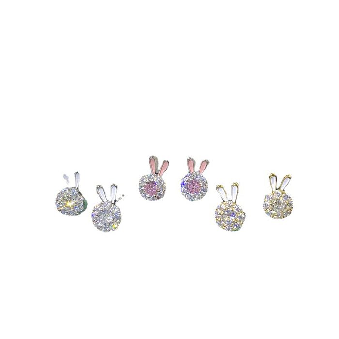1 Paar niedliche, glänzende Kaninchen-Ohrstecker mit Tropfglasur und Inlay aus Kupfer und Zirkon