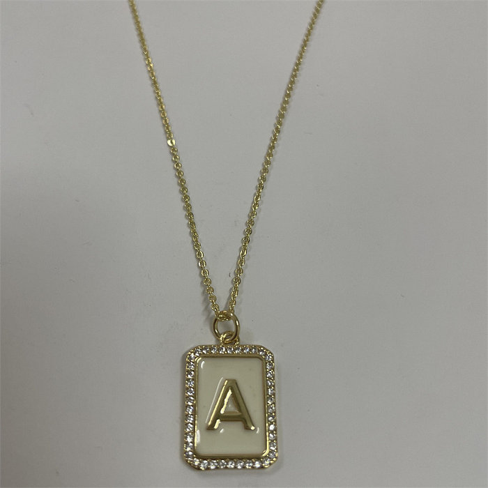 Simple Style Letter Rectangle Brass Plating Inlay Zircon 14K Gold Plated Pendant Necklace