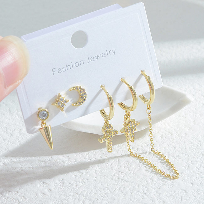 Fashion Cross Star Moon Copper Ear Studs Asymmetrical Inlay Zircon Copper Earrings 3 Pairs