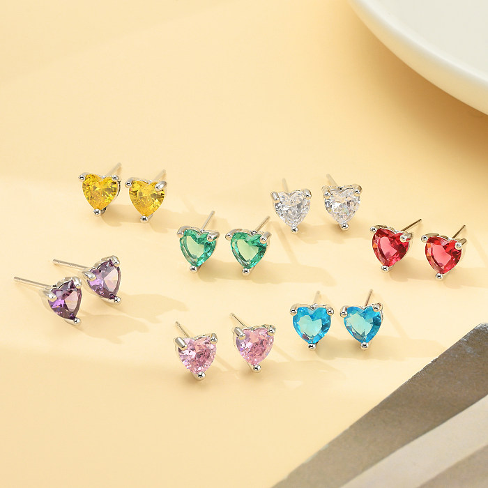 1 Pair Sweet Heart Shape Brass Plating Inlay Zircon White Gold Plated Ear Studs
