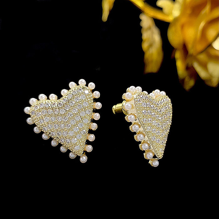 1 Pair Lady Heart Shape Inlay Imitation Pearl Copper Zircon Ear Studs