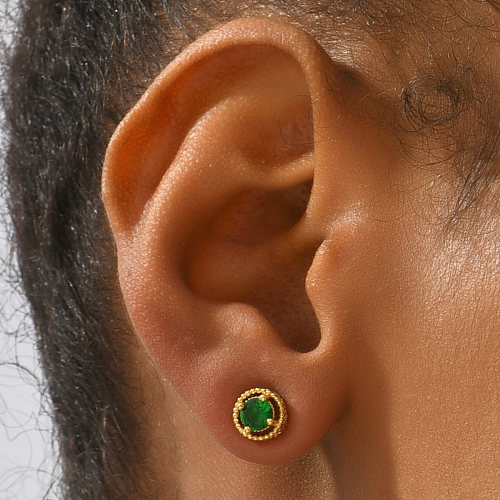 Elegant Round Brass Gold Plated Zircon Ear Studs 1 Pair