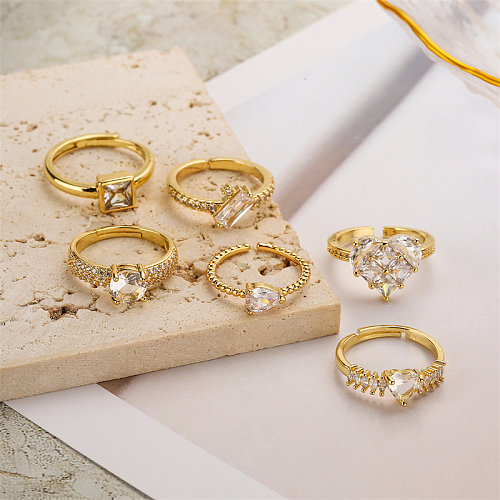 Casual Shiny Water Droplets Heart Shape Rectangle Copper Plating Inlay Zircon Gold Plated Open Ring