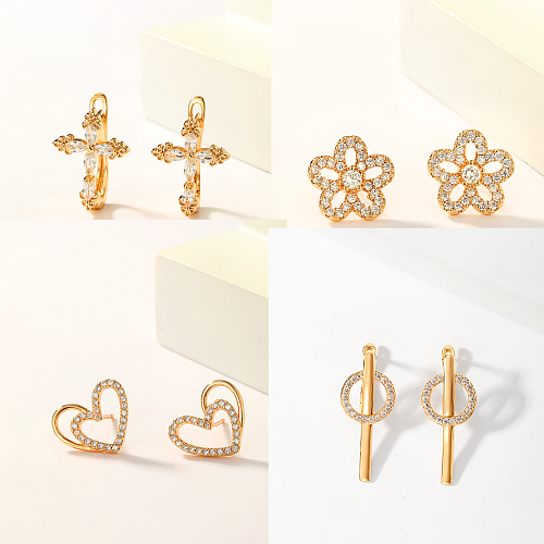 1 paire de clous d'oreilles en cuivre plaqué or 18 carats, élégant, Glam, Style Simple, croix, forme de cœur, fleur, incrustation