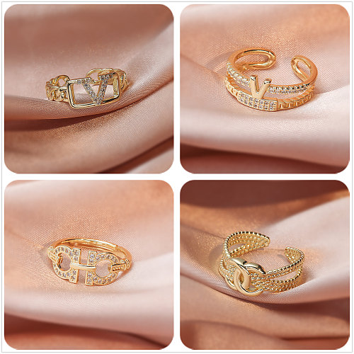 Fashion V-Shaped Women Inlay Zircon Copper Open Ring