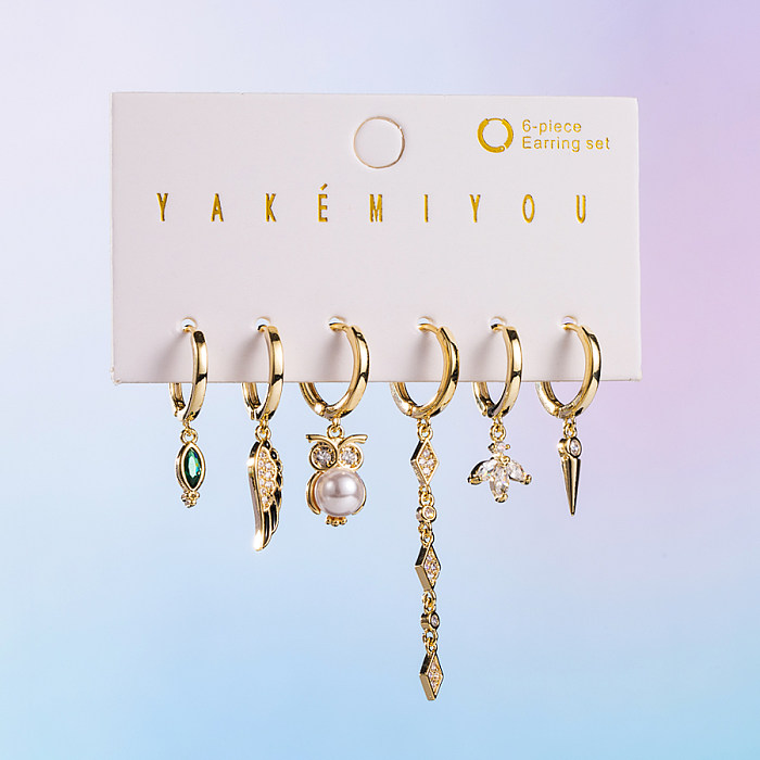 Yakemiyou Retro Star Owl Snake Copper Asymmetrical Tassel Artificial Pearls Opal Zircon 14K Gold Plated Earrings
