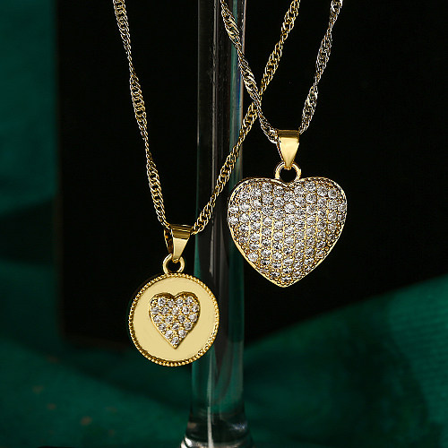 Schlichter Stil, glänzend, rund, Herzform, Kupferbeschichtung, Inlay aus Zirkon, 18 Karat vergoldet, Anhänger-Halskette
