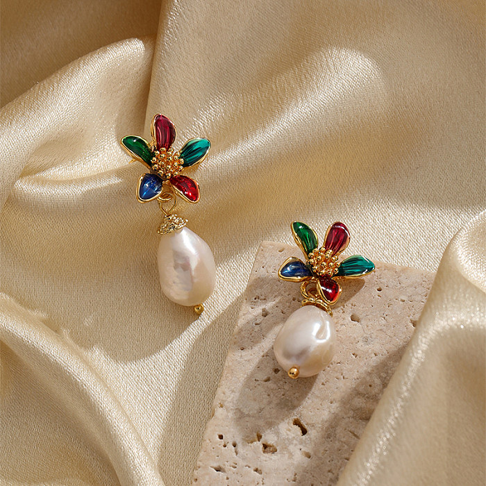 1 Pair Ethnic Style Flower Plating Inlay Copper Pearl 18K Gold Plated Drop Earrings