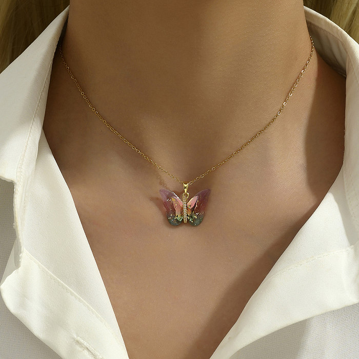 Sweet Simple Style Butterfly Copper 18K Gold Plated Zircon Necklace In Bulk