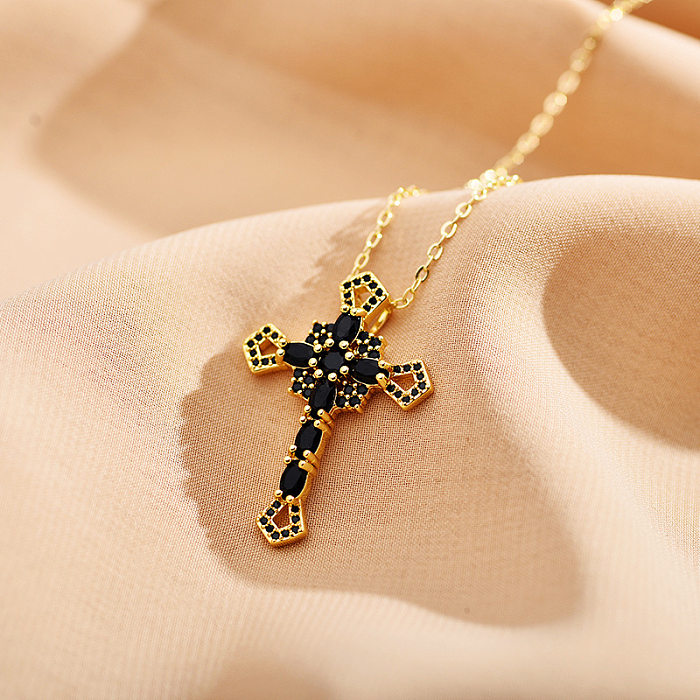 Casual Simple Style Cross Copper Plating Inlay Zircon Gold Plated Pendant Necklace