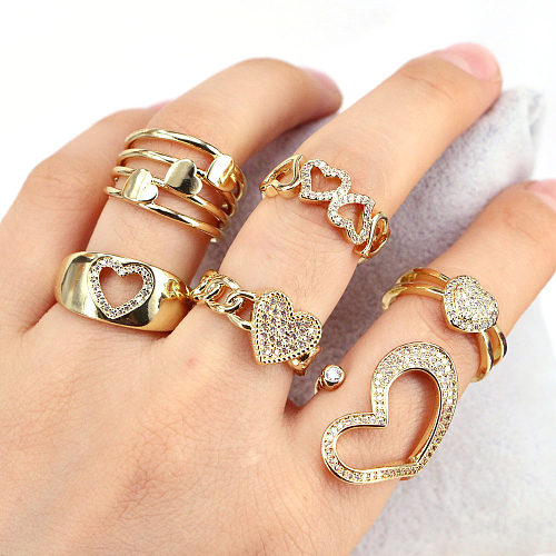 Anel aberto de cobre em formato de coração fashion com incrustação de zircão anéis de cobre
