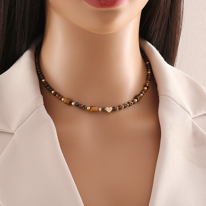 Retro Heart Shape Stainless Steel Tiger Eye Copper Beaded Bracelets Earrings Necklace