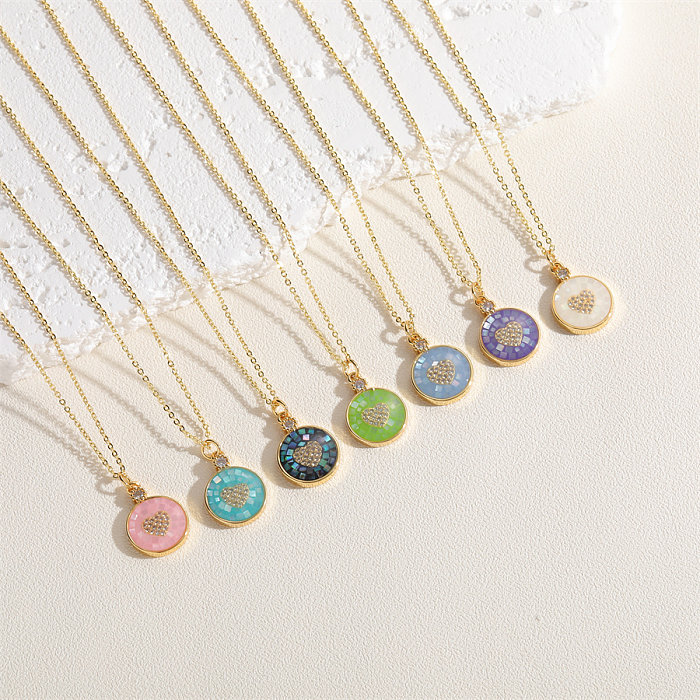Simple Style Commute Round Heart Shape Copper Enamel Plating Inlay Zircon 14K Gold Plated Pendant Necklace