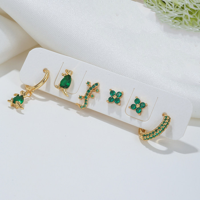 Fashion Animal Dinosaur Lizard Copper Gold Plated Inlay Zircon Earrings 6 Pieces