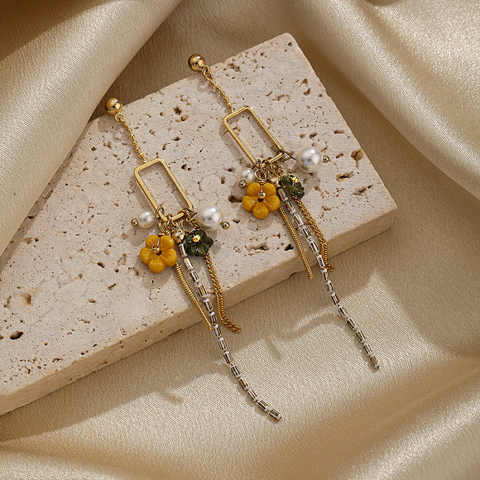 Pendientes colgantes chapados en oro de 1K con incrustaciones de cobre y perlas de agua dulce, 14 par, estilo IG, flor dulce, rombos