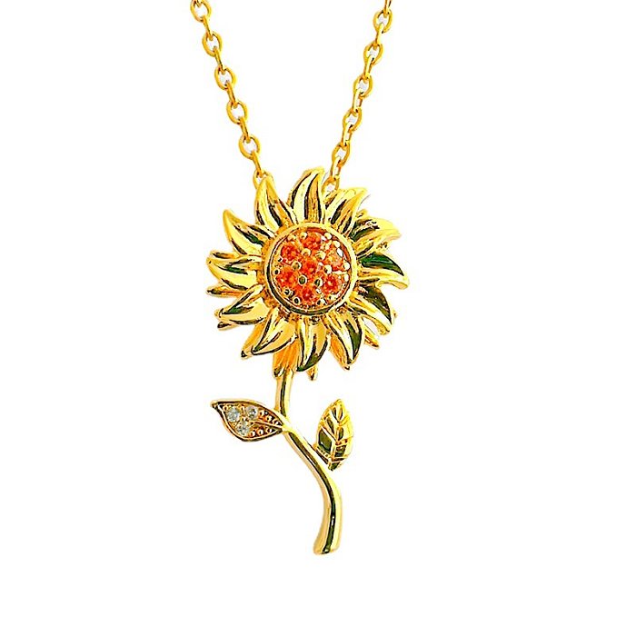 Elegante Anhänger-Halskette mit Sonnenblumen-Kupferbeschichtung und Zirkon-18-Karat-Vergoldung