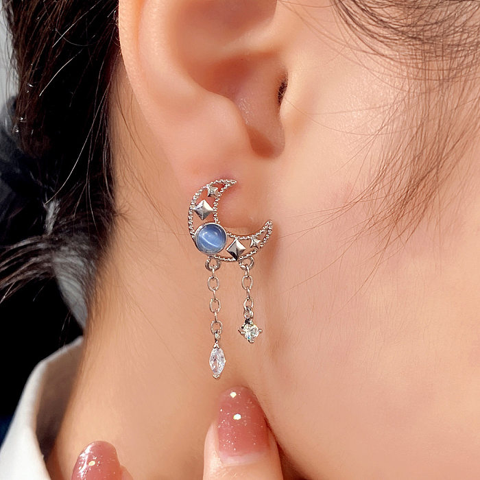 1 Pair Sweet Moon Inlay Copper Artificial Gemstones Drop Earrings