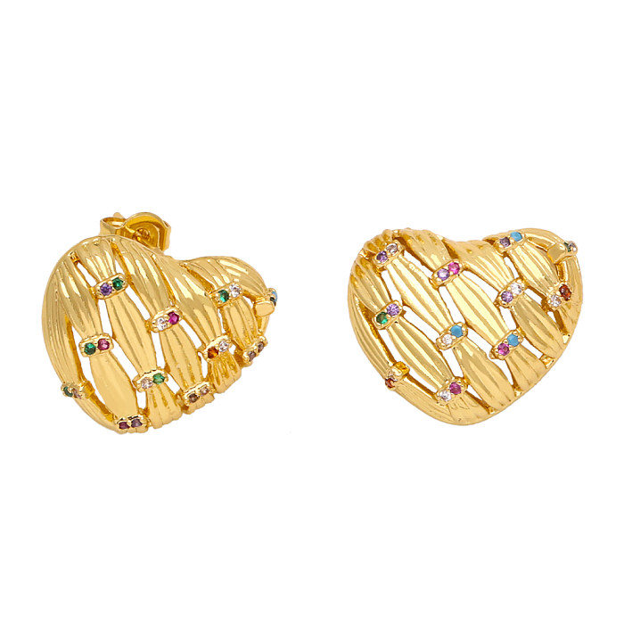 1 Pair Retro Heart Shape Plating Inlay Copper Zircon 18K Gold Plated Ear Studs