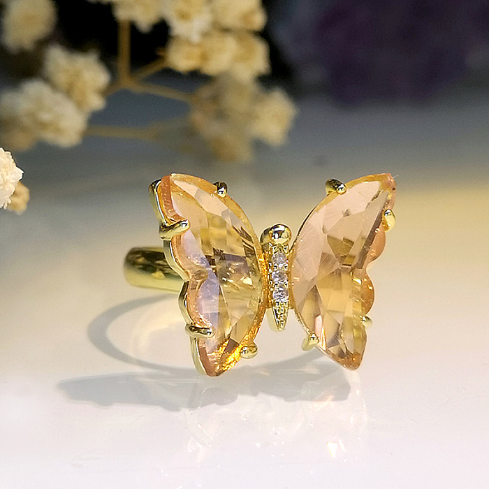 Elegante glam borboleta chapeamento de cobre embutimento zircão anel aberto banhado a ouro