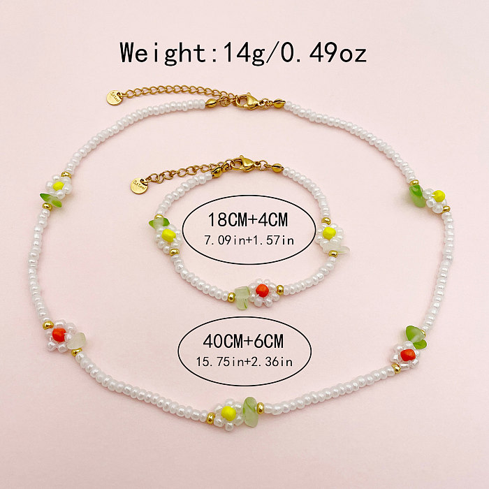 Simple Style Flower Stainless Steel Beaded Plating Gold Plated Bracelets Necklace