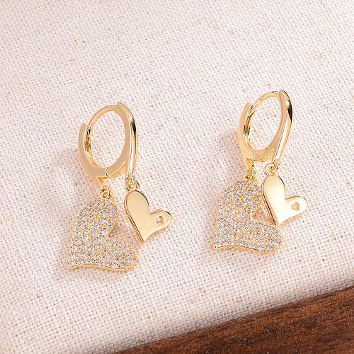 1 Paar IG-Stil, elegante französische Ohrringe mit Herzform, Kupfer-Zirkon-Intarsien, 14 Karat vergoldet
