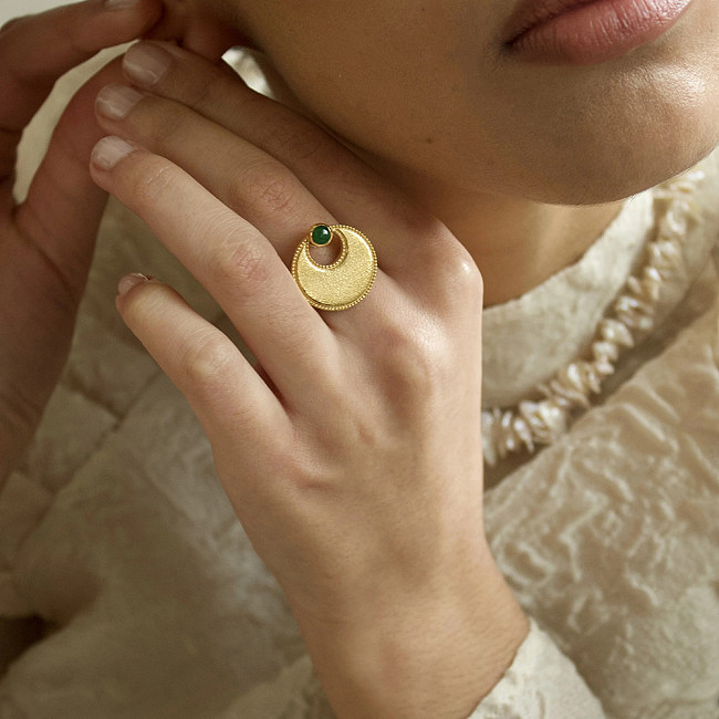 INS Style Streetwear Moon, incrustation de placage en acier inoxydable, anneau ouvert plaqué or 18 carats en Zircon