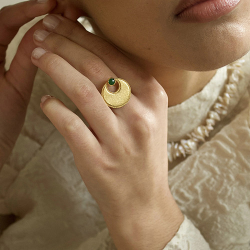 Offener Ring im INS-Stil, Streetwear, Mond-Motiv, Edelstahl-Beschichtung, Inlay, Zirkon, 18 Karat vergoldet