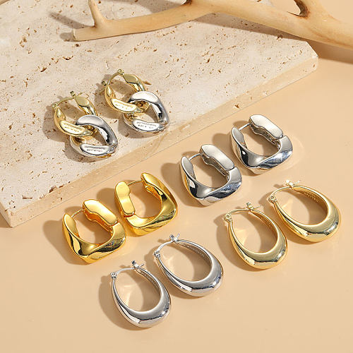1 par elegante luxuoso estilo clássico anel duplo cobre assimétrico chapeamento brincos de argola banhados a ouro 14K