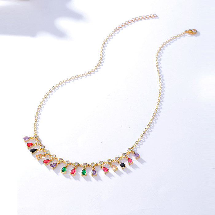 Lässige, schlichte Halskette mit runden Wassertropfen, rechteckiger Verkupferung, Inlay aus Zirkon, 18 Karat vergoldet