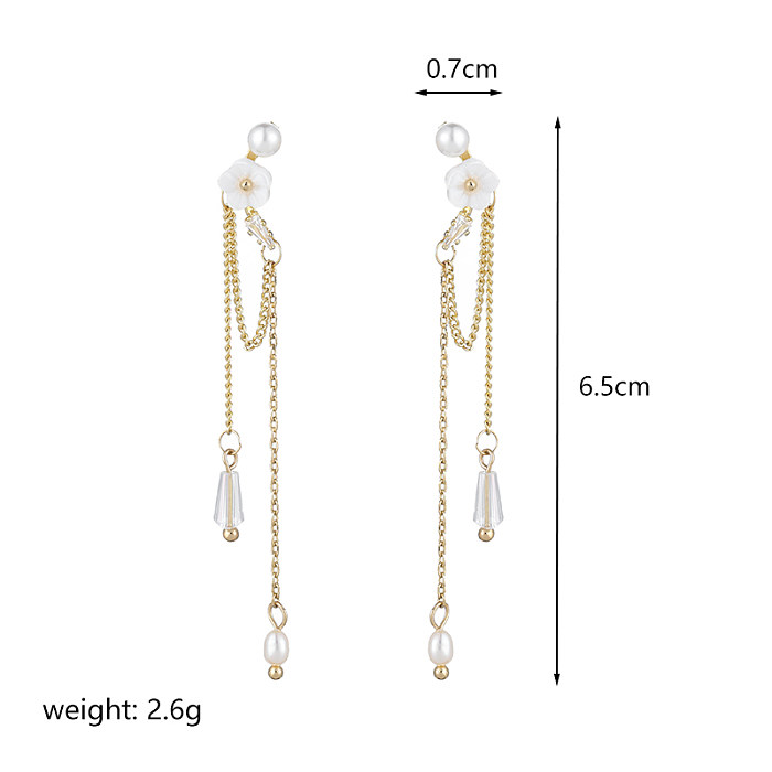 1 Pair IG Style Flower Plating Chain Inlay Copper Artificial Crystal Freshwater Pearl Zircon 14K Gold Plated Drop Earrings