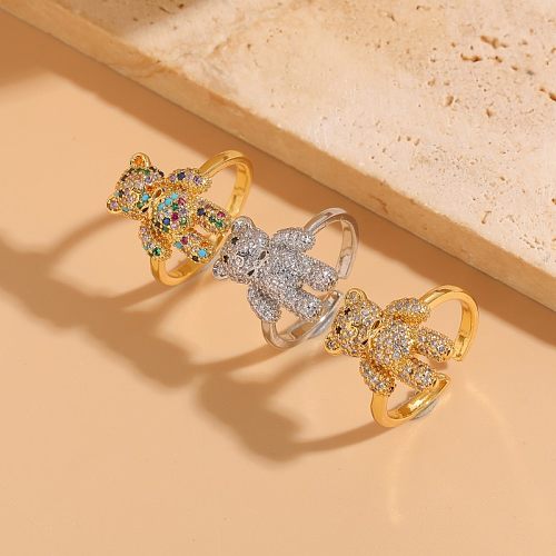 Elegante estilo clássico urso cobre assimétrico chapeamento incrustado zircão anéis abertos banhados a ouro 14K