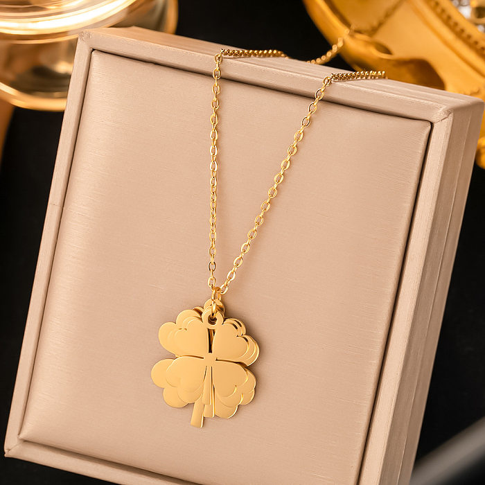 Vintage Style Four Leaf Clover Flower Titanium Steel Plating 18K Gold Plated Earrings Necklace