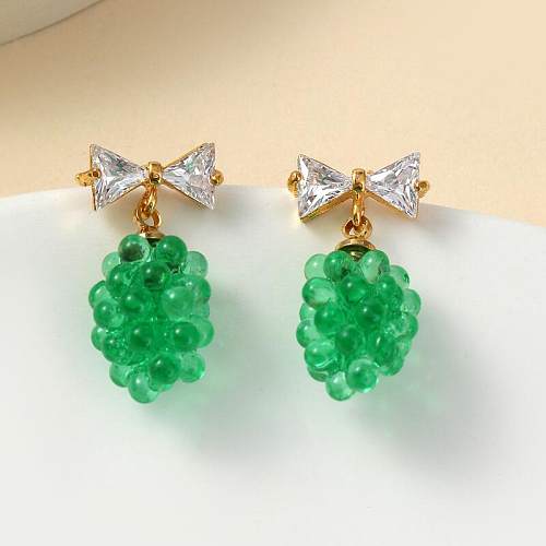 1 Pair Cute Pastoral Grape Bow Knot Plating Inlay Copper Artificial Crystal Zircon 18K Gold Plated Drop Earrings