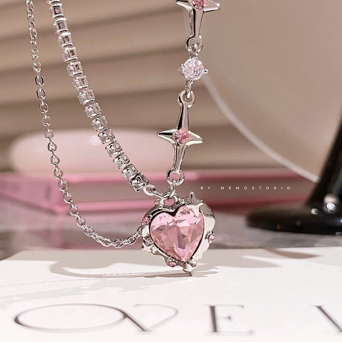 Sweet Cool Style Star Heart Shape Copper Inlay Rhinestones Necklace