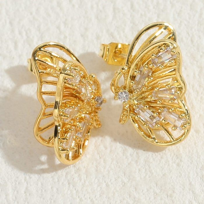 1 par de brincos de orelha banhados a ouro 14K, elegante, luxuoso, estilo clássico, borboleta, cobre, incrustação de zircônia