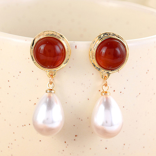 1 Pair Retro Classic Style Round Imitation Pearl Copper Inlay Natural Stone Gold Plated Drop Earrings