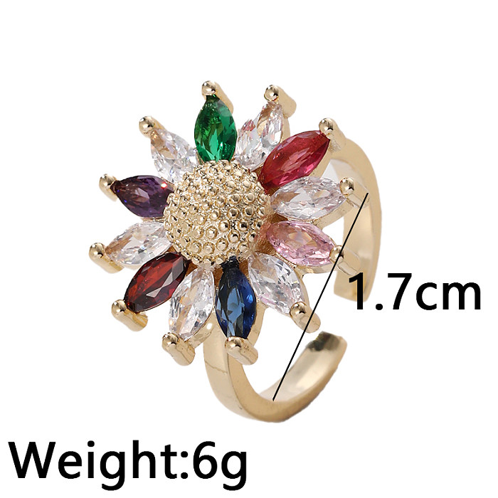 Anéis abertos de zircão com incrustações de cobre flor retrô streetwear