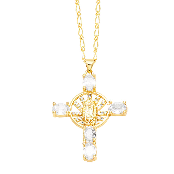 Retro Neuheit Kreuz Jungfrau Maria Verkupferung Inlay Zirkon 18K vergoldet Anhänger Halskette