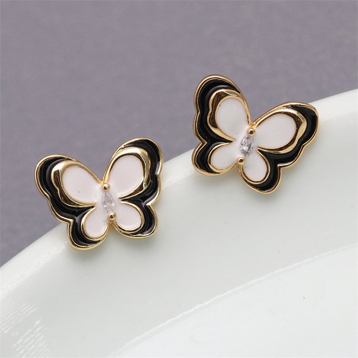 1 Pair Elegant Streetwear Butterfly Enamel Inlay Copper Zircon Gold Plated Ear Studs