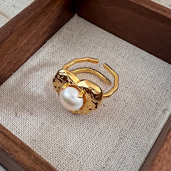 Offene Ringe für Damen, schlichter Stil, Pendel-Herzform, Kupferbeschichtung, Inlay, Perle, 18 Karat vergoldet