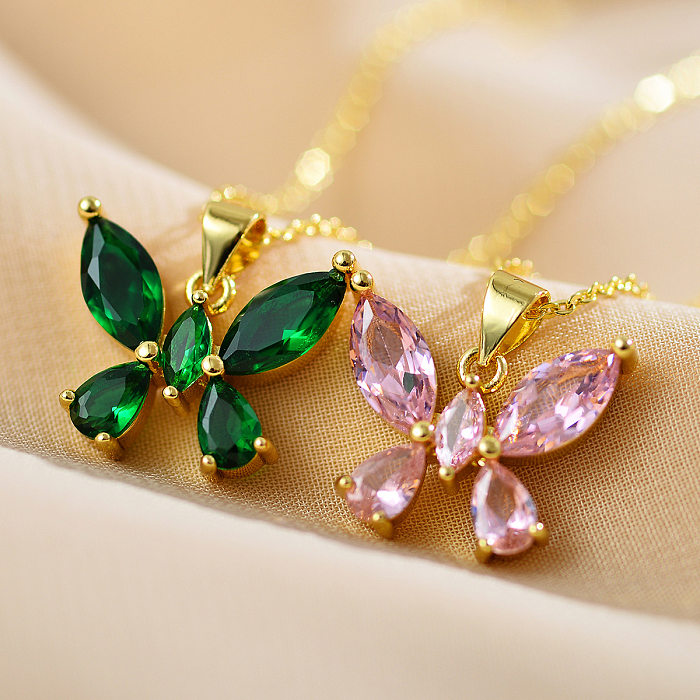 Elegante, schlichte Halskette mit Schmetterlings-Kupfer-Inlay und Zirkon-vergoldetem Anhänger