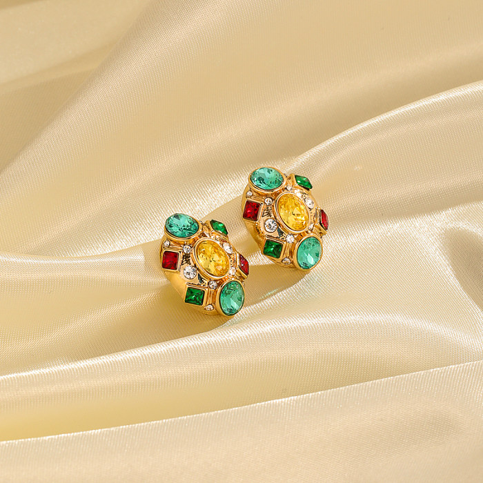 1 Paar Ohrstecker im Retro-Stil, oval, mit Seestern-Beschichtung, Kupfer-Imitat-Perlen-Strasssteinen, 18 Karat vergoldet